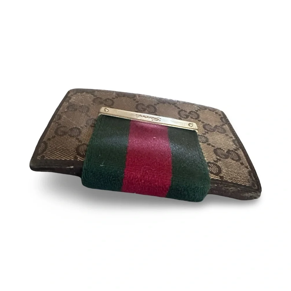 Gucci Sherry Line Red/Green Stripe GG brown canvas leather wallet with dust bag - Picture 7 of 13